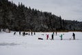 Ice skating on the frozen water of the lake