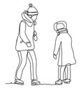 Ice skating girl with her mother. Mother carying about her child on ice. Vector Illustration. Continuous line drawing. Royalty Free Stock Photo