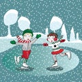 Ice skating kids in the winter. Vector illustration