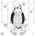 Ice skating penguin doodle vector illustration.