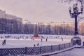 Ice-skating people with Christmas tree in Patriarch Ponds Royalty Free Stock Photo