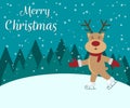 Ice skating Reindeer red-nosed cute cartoon with greeting banner snowy winter background. Christmas card. Vector Royalty Free Stock Photo