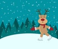 Ice skating Reindeer red-nosed cute cartoon with greeting banner snowy winter background. Christmas card. Vector Royalty Free Stock Photo