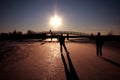 Ice skating at sunset in the Netherlands Royalty Free Stock Photo