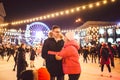 Ice skating together. Romantic winter vacation in ice arena. Young couple skating at ice rink. Best Christmas ever. Winter fun. Royalty Free Stock Photo