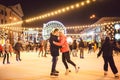 Ice skating together. Romantic winter vacation in ice arena. Young couple skating at ice rink. Best Christmas ever. Winter fun.