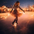 ice skating young woman in short frilly skirt on frozen pond or lake or river