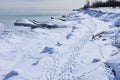 Ice and snow covered shoreline at Dunes Park in Kenosha Wisconsin Royalty Free Stock Photo