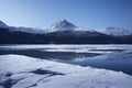 Ice- and snow-covered shores of clean mountain lake