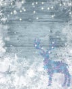 Winter Background with Snowflake Deer on Frozen Wood Textured Surface.