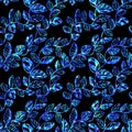 Frozen blue abstract curved plants on black seamless pattern.