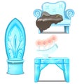Ice sofa with skin, table and chair. Elegant frozen furniture with candelabra and candles. Decorative interior. Vector