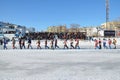 Ice Speedway, competitors parade before the stands Royalty Free Stock Photo