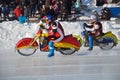 Ice Speedway, two motorcyclists are accelerated Royalty Free Stock Photo