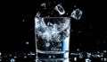 Ice splashing into a glass of water on a black background, summer Royalty Free Stock Photo