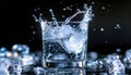 Ice splashing into a glass of water on a black background, summer Royalty Free Stock Photo