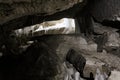 Ice stalactites, stalagmites and columns in cave