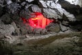 Ice stalactites, stalagmites and columns in cave