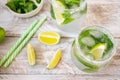 Ice summer lemonade with lime and mint in glasses stands on a light wooden table. Near lay striped cocktail tubes and three slices Royalty Free Stock Photo