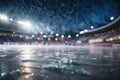 Ice surface covered scratches and stadium in the background