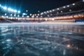 Ice surface covered scratches and stadium in the background