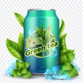 Ice tea background. Realistic can with tea leaves and ice. Product promotion vector mockup Royalty Free Stock Photo