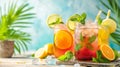 ice tea and citrus lemonade in bottle glasses or jar. Alcoholic fruit beach beverages. Generative Ai Royalty Free Stock Photo