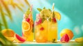 ice tea and citrus lemonade in bottle glasses or jar. Alcoholic fruit beach beverages. Generative Ai Royalty Free Stock Photo