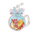 Ice tea drink fruits and berries brew process. Make and pour in transparent jug cold aromatic beverage. Vector sketch