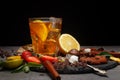 Ice tea in a glass on a black plate with biscuits, sweets and fruits on a black background Royalty Free Stock Photo