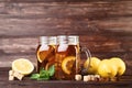 Ice tea in glass jars with lemon Royalty Free Stock Photo