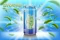 Ice tea label ads with green leaves on blue background. Package design tea drink with ice cubes for poster or banner