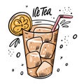 Ice tea with lemon and ice cube. Cartoon style vector illustration. Isolated on white background. Royalty Free Stock Photo