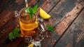 Ice tea with lemon slices and mint in glass jar, on rustic wooden background Royalty Free Stock Photo