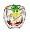 Ice tea with mint branch and lemon, watercolor illustration