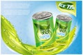 Ice tea products ad. Vector 3d illustration. Soft drink aluminium can template design. Green tea bottle advertisement