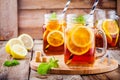 Ice tea with slice of lemon in mason jar Royalty Free Stock Photo