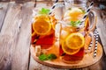 Ice tea with slice of lemon in mason jar Royalty Free Stock Photo