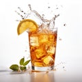 Ice tea splashing out from the glass. Refreshing summer drink, thirst quencher. AI Generated