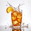 Ice tea splashing out from the glass. Refreshing summer drink, thirst quencher. AI Generated