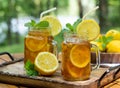 Ice tea in two glass jars with lemon and mint Royalty Free Stock Photo