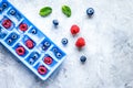 Ice tray with berries and mint on stone top view mock up Royalty Free Stock Photo