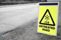 Ice untreated road sign dangerous warning for highway car drivers Royalty Free Stock Photo