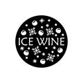 Ice wine logo. Cutout round silhouette. Cartoon snowflakes, snowballs and text. Hand drawn vector drink concept. Black