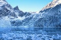 Ice winter mountain lake. Amazing frozen rocky mountains on the lakeshore. Winter background. Winter nature