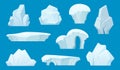 Iceberg cartoon. Antarctic ice white rocks winter landscape snow vector set