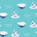 Iceberg cartoon style ice seamless pattern. Repeating background design for printing on fabric. Ice floes in water flat
