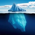 Iceberg in cold ocean water seen both from underwater and above the surface, generative ai