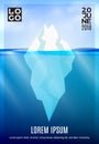 Iceberg in the deep ocean poster. Winter background with sun beam underwater and realistic cloud sky. Vector illustration for adve