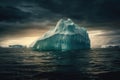 huge iceberg floating in the ocean, dark clouds in the sky, uplight scene, generative ai Royalty Free Stock Photo